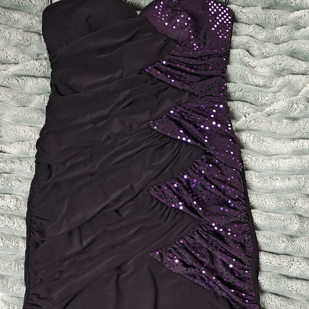 Strapless Black and Purple Sequin Evening Dress